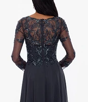 Xscape Illusion Crew Neck Long Sleeve Floral Beaded Bodice Chiffon Gown