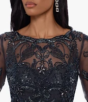 Xscape Illusion Crew Neck Long Sleeve Floral Beaded Bodice Chiffon Gown