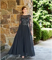 Xscape Illusion Crew Neck Long Sleeve Floral Beaded Bodice Chiffon Gown