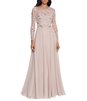 Xscape Illusion Crew Neck Long Sleeve Floral Beaded Bodice Chiffon Gown