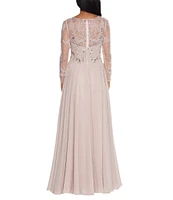 Xscape Illusion Crew Neck Long Sleeve Floral Beaded Bodice Chiffon Gown