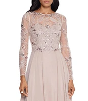 Xscape Illusion Crew Neck Long Sleeve Floral Beaded Bodice Chiffon Gown