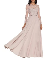 Xscape Illusion Crew Neck Long Sleeve Floral Beaded Bodice Chiffon Gown