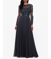 Xscape Illusion Crew Neck Long Sleeve Floral Beaded Bodice Chiffon Gown