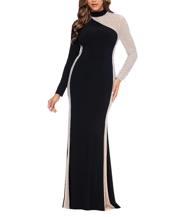 Xscape Matter Jersey Illusion Mock Neck Long Sleeve Caviar Beaded Sheath  Dress