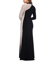 Xscape Matter Jersey Illusion Mock Neck Long Sleeve Caviar Beaded Sheath Dress