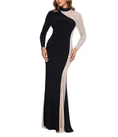 Xscape Matter Jersey Illusion Mock Neck Long Sleeve Caviar Beaded Sheath Dress