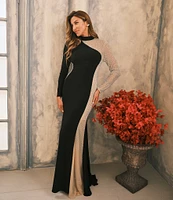 Xscape Matter Jersey Illusion Mock Neck Long Sleeve Caviar Beaded Sheath Dress