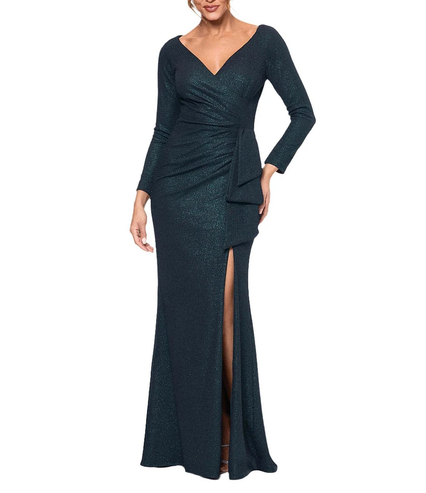 Xscape Metallic Glitter V-Neck Long Sleeve Ruffle Thigh High Slit Sheath Gown