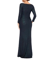 Xscape Metallic Glitter V-Neck Long Sleeve Ruffle Thigh High Slit Sheath Gown