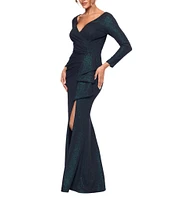 Xscape Metallic Glitter V-Neck Long Sleeve Ruffle Thigh High Slit Sheath Gown