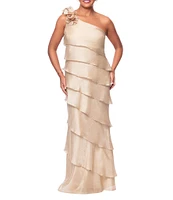 Xscape Metallic Organza One Shoulder Sleeveless Rosette Tiered Gown