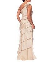Xscape Metallic Organza One Shoulder Sleeveless Rosette Tiered Gown