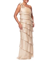 Xscape Metallic Organza One Shoulder Sleeveless Rosette Tiered Gown