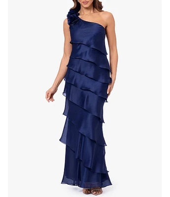 Xscape Metallic Organza One Shoulder Sleeveless Rosette Tiered Gown