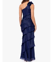 Xscape Metallic Organza One Shoulder Sleeveless Rosette Tiered Gown