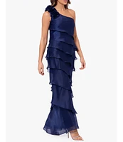 Xscape Metallic Organza One Shoulder Sleeveless Rosette Tiered Gown