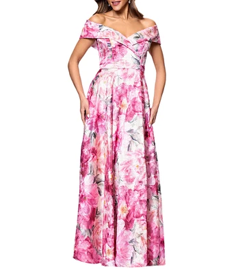Xscape Off The Shoulder Cap Sleeve Floral Burnout Chiffon A-Line Gown