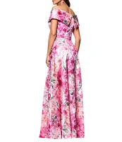Xscape Off The Shoulder Cap Sleeve Floral Burnout Chiffon A-Line Gown