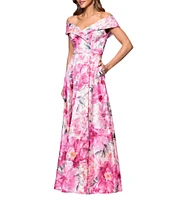 Xscape Off The Shoulder Cap Sleeve Floral Burnout Chiffon A-Line Gown