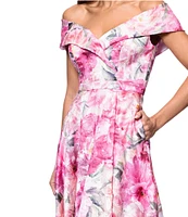 Xscape Off The Shoulder Cap Sleeve Floral Burnout Chiffon A-Line Gown