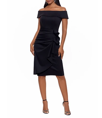 Xscape Off-the-Shoulder Cap Sleeve Sheath Ruched Side Scuba Dress