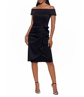 Xscape Off-the-Shoulder Cap Sleeve Sheath Ruched Side Scuba Dress