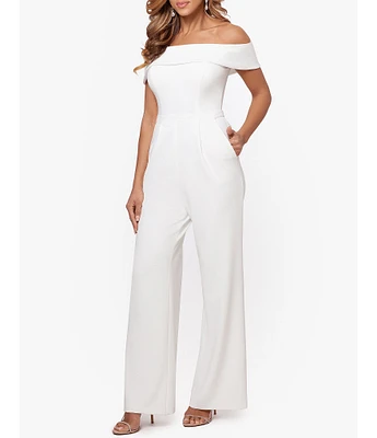 Xscape Off-the-Shoulder Crepe Wide Leg Jumpsuit