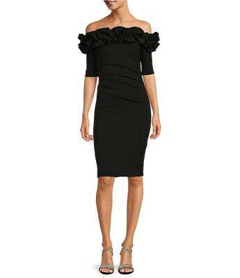 Xscape Off-the-Shoulder Ruffle Neck Short Sleeve Stretch Scuba Crepe Dress