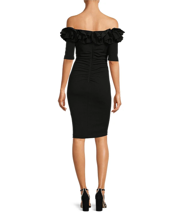 Xscape Off-the-Shoulder Ruffle Neck Short Sleeve Stretch Scuba Crepe Dress at Hamilton Place in Chattanooga, TN Xscape Off-the-Shoulder Ruffle Neck Short Sleeve Stretch Scuba Crepe Dress at Hamilton Place in Chattanooga, TN