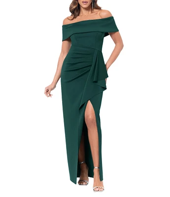 Xscape Off the Shoulder Scuba Crepe Ruched Bodice Ruffle Front Gown