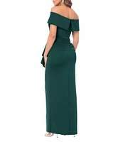 Xscape Off the Shoulder Scuba Crepe Ruched Bodice Ruffle Front Gown