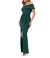 Xscape Off the Shoulder Scuba Crepe Ruched Bodice Ruffle Front Gown