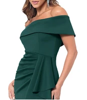 Xscape Off the Shoulder Scuba Crepe Ruched Bodice Ruffle Front Gown