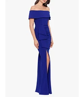 Xscape Off-the-Shoulder Ruched Ruched Waist Scuba Crepe Thigh High Slit Gown