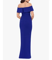 Xscape Off-the-Shoulder Ruched Ruched Waist Scuba Crepe Thigh High Slit Gown