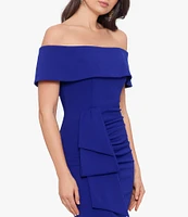 Xscape Off-the-Shoulder Ruched Ruched Waist Scuba Crepe Thigh High Slit Gown