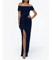 Xscape Off-the-Shoulder Ruched Ruched Waist Scuba Crepe Thigh High Slit Gown