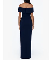 Xscape Off-the-Shoulder Ruched Ruched Waist Scuba Crepe Thigh High Slit Gown