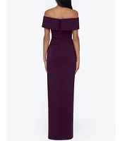 Xscape Off-the-Shoulder Ruched Ruched Waist Scuba Crepe Thigh High Slit Gown