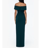 Xscape Off-the-Shoulder Ruched Ruched Waist Scuba Crepe Thigh High Slit Gown