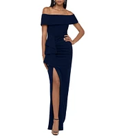 Xscape Off-the-Shoulder Ruched Ruched Waist Scuba Crepe Thigh High Slit Gown