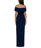 Xscape Off-the-Shoulder Ruched Ruched Waist Scuba Crepe Thigh High Slit Gown