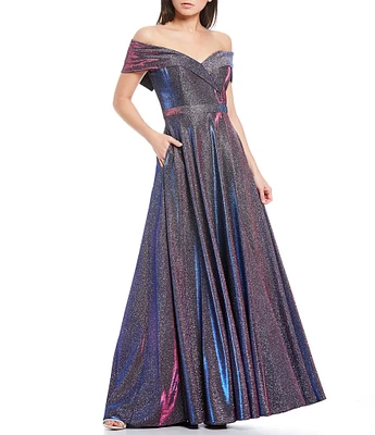 Xscape Off-the-Shoulder Short Sleeve Sweetheart Neck Thigh High Slit Pleated Glitter Ball Gown