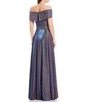 Xscape Off-the-Shoulder Short Sleeve Sweetheart Neck Thigh High Slit Pleated Glitter Ball Gown