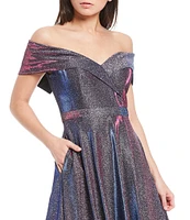 Xscape Off-the-Shoulder Short Sleeve Sweetheart Neck Thigh High Slit Pleated Glitter Ball Gown