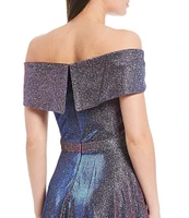 Xscape Off-the-Shoulder Short Sleeve Sweetheart Neck Thigh High Slit Pleated Glitter Ball Gown