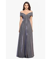 Xscape Off-the-Shoulder Short Sleeve Sweetheart Neck Thigh High Slit Pleated Glitter Ball Gown