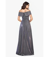 Xscape Off-the-Shoulder Short Sleeve Sweetheart Neck Thigh High Slit Pleated Glitter Ball Gown