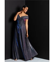 Xscape Off-the-Shoulder Short Sleeve Sweetheart Neck Thigh High Slit Pleated Glitter Ball Gown